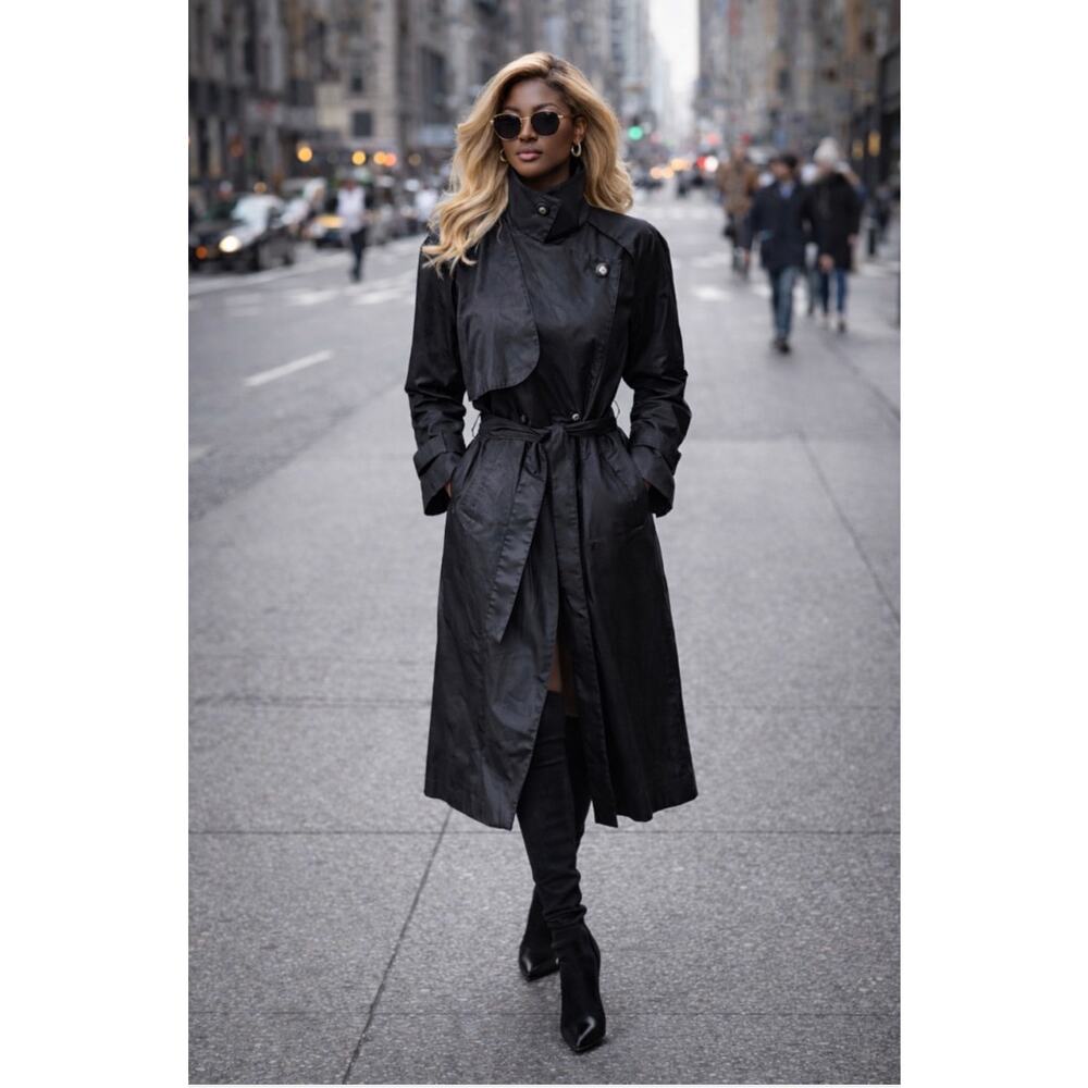 90s VTG British Mist Black Trench Coat Womens 8P Long Belted Rain Coat Chic